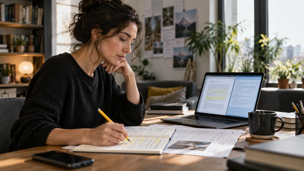 Una editora revisa un borrador en su laptop y contrasta el texto con notas y fuentes impresas.